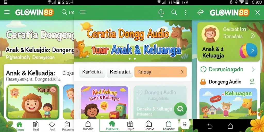Tampilan antarmuka GLOWIN88 dengan pilihan cerita dongeng audio.