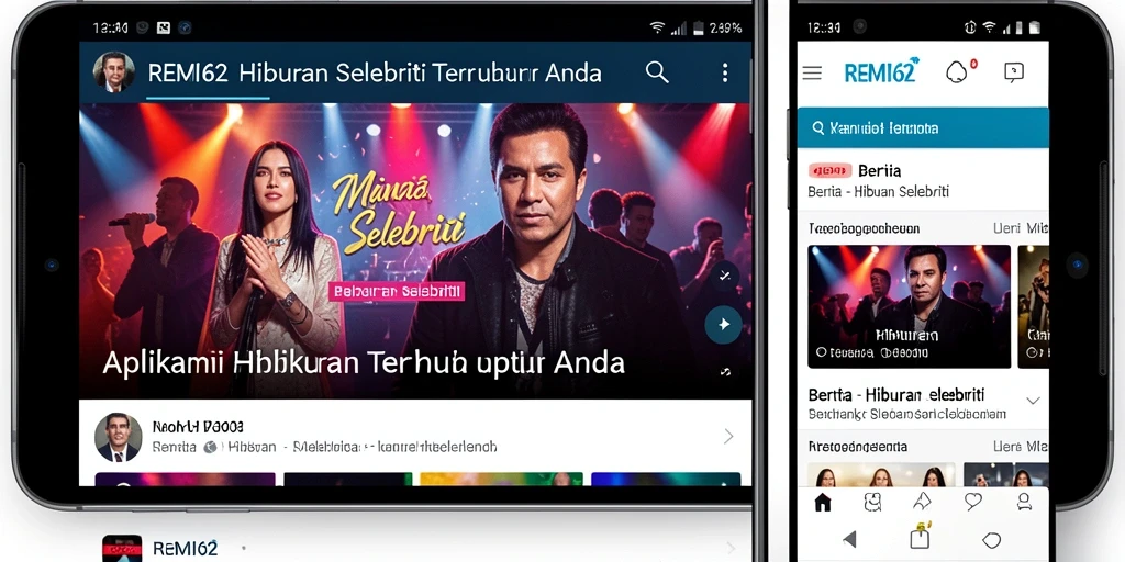 Antarmuka aplikasi REMI62 menampilkan berita selebriti terkini.